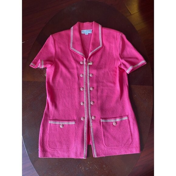 Vintage St John Women's Pink Knit White Trim Zip Jacket - 10 - Picture 6 of 11